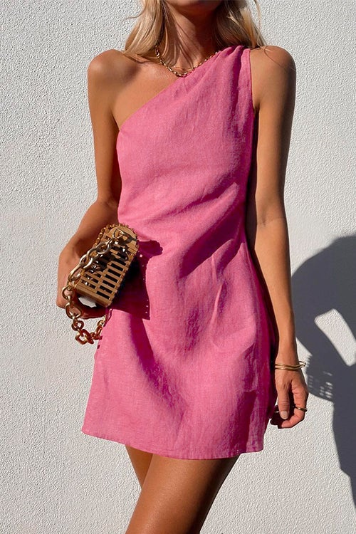 Rosiedress Sue One Shoulder Cotton Linen Mini Dress Pink