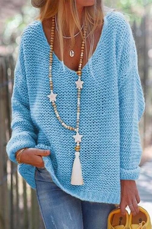 Rosiedress V Neck Drop Shoulder Solid Knit Sweater Blue