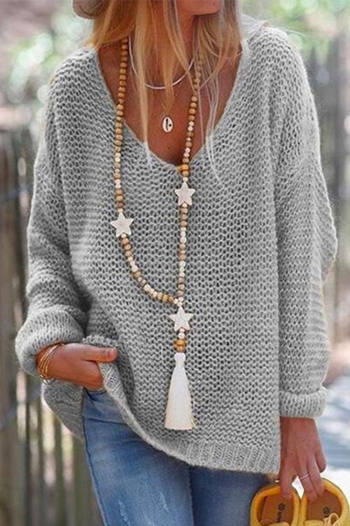 V Neck Drop Shoulder Solid Knit Sweater Gray
