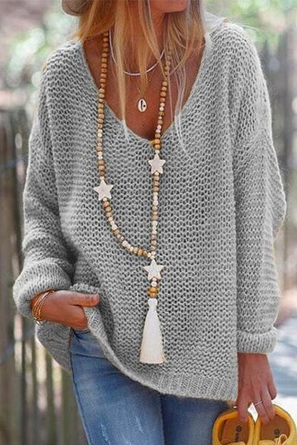 V Neck Drop Shoulder Solid Knit Sweater Gray
