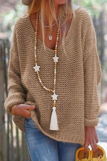 V Neck Drop Shoulder Solid Knit Sweater Brown