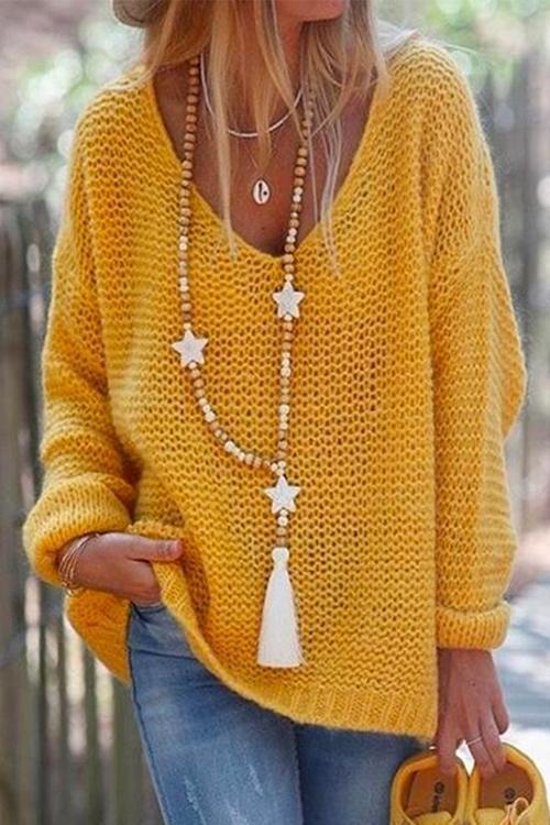 V Neck Drop Shoulder Solid Knit Sweater Yellow