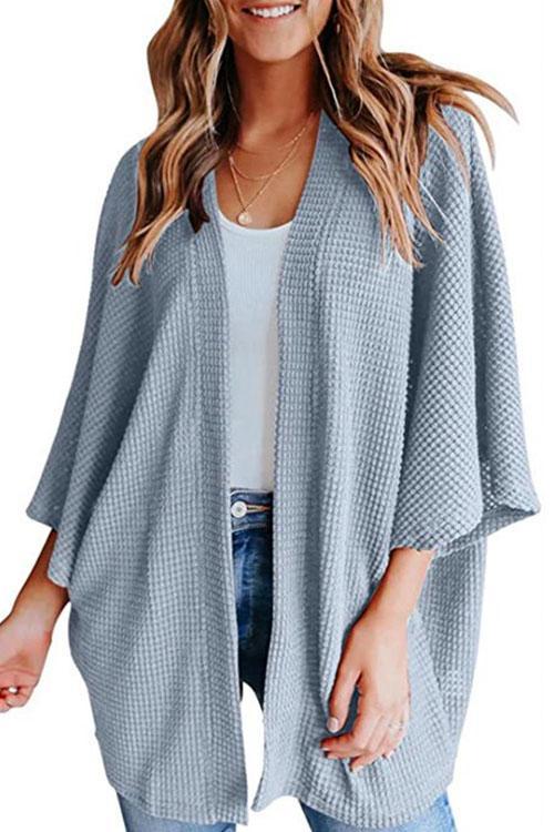 Rosiedress Solid 3/4 Sleeve Open Front Kimono Cardigan LightBlue