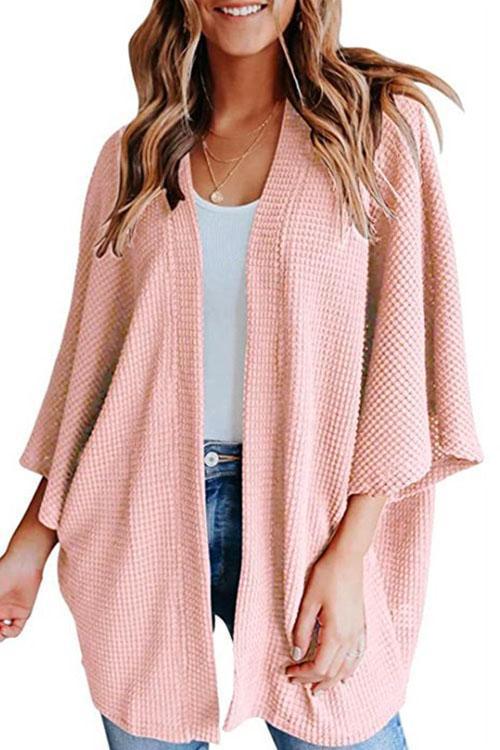 Rosiedress Solid 3/4 Sleeve Open Front Kimono Cardigan Pink