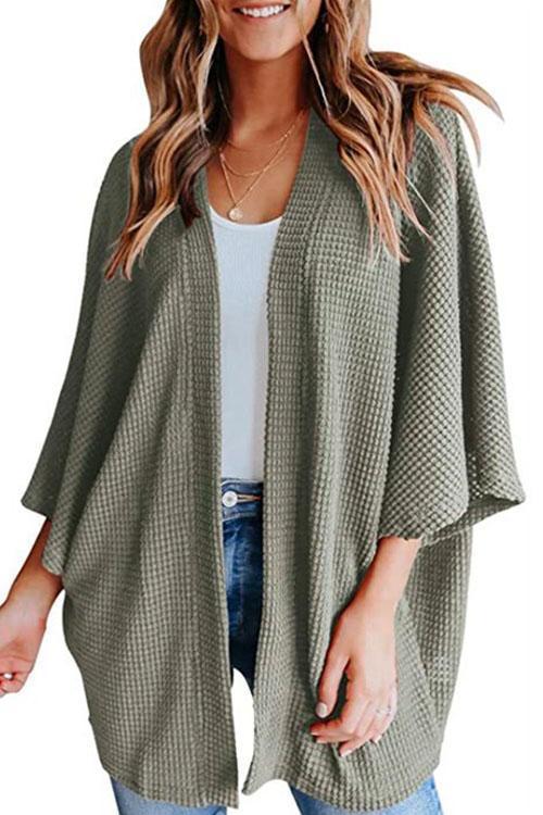 Rosiedress Solid 3/4 Sleeve Open Front Kimono Cardigan Green