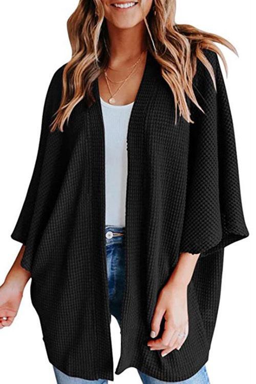 Solid 3/4 Sleeve Open Front Kimono Cardigan Black