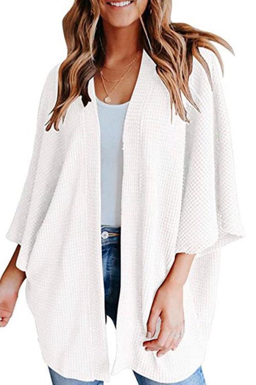 Solid 3/4 Sleeve Open Front Kimono Cardigan White