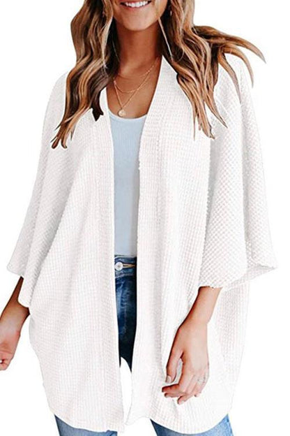 Solid 3/4 Sleeve Open Front Kimono Cardigan White