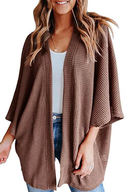 Rosiedress Solid 3/4 Sleeve Open Front Kimono Cardigan Coffee