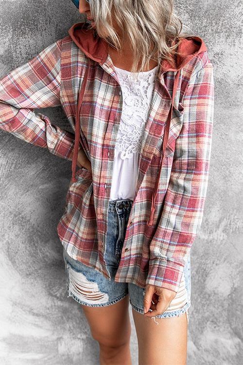 Rosiedress Long Sleeve Drawstring Hoodied Plaid Shirt