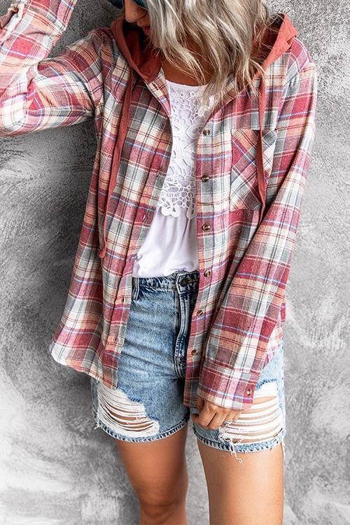 Rosiedress Long Sleeve Drawstring Hoodied Plaid Shirt