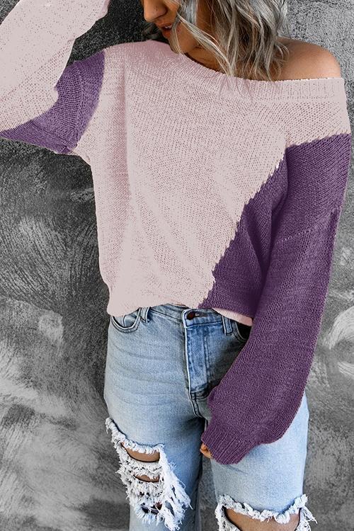 Casual Color Block Loose Knitting Sweater Pink