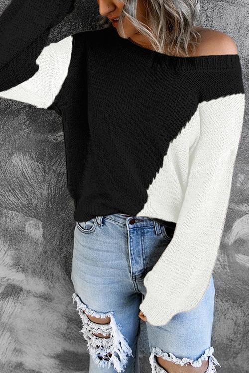 Casual Color Block Loose Knitting Sweater Black