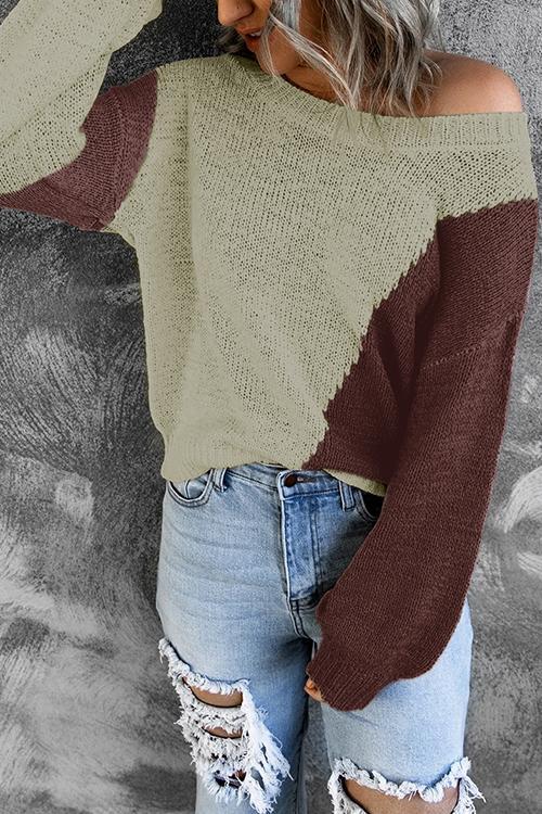 Casual Color Block Loose Knitting Sweater Apricot
