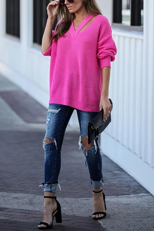 Rosiedress V Neck Long Sleeve Solid Knitting Top