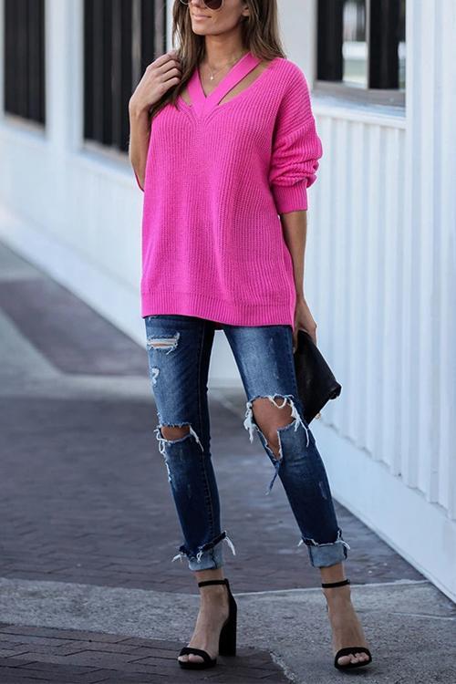 Rosiedress V Neck Long Sleeve Solid Knitting Top