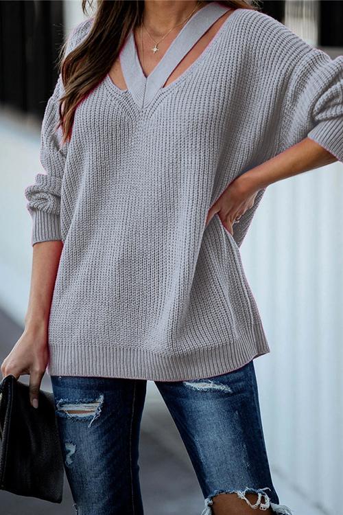 V Neck Long Sleeve Solid Knitting Top Gray