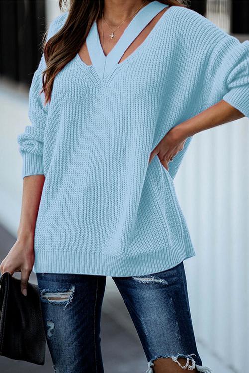 V Neck Long Sleeve Solid Knitting Top Blue