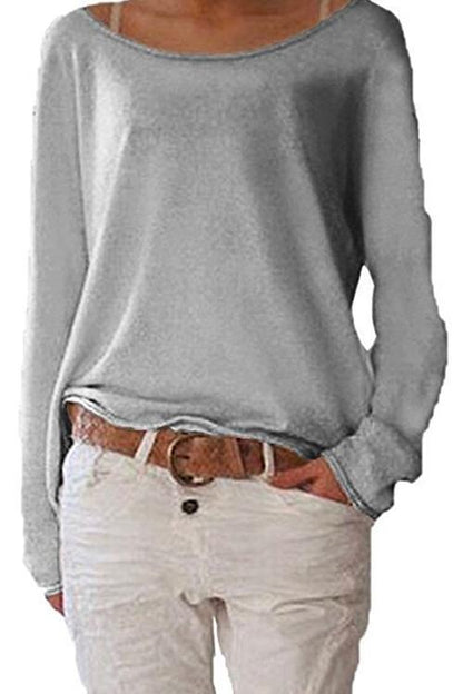 Rosiedress Simple Solid Long Sleeve T-shirt Gray