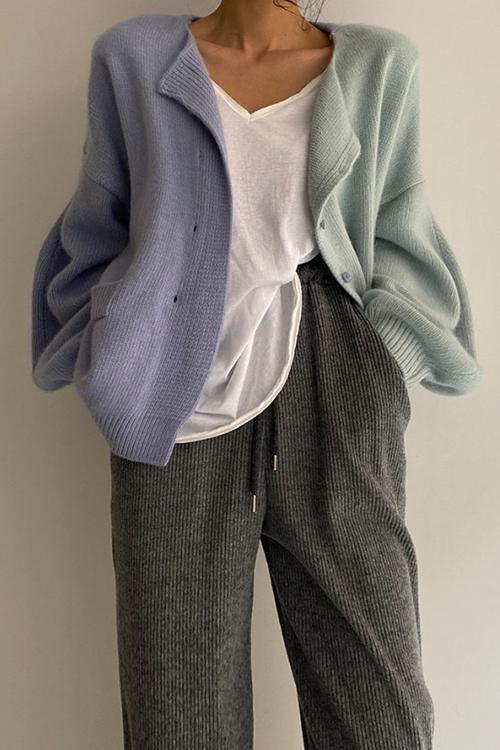 Drop Shoulder Color Block Sweater Cardigan Blue