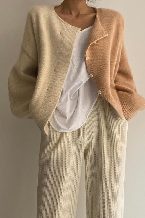 Rosiedress Drop Shoulder Color Block Sweater Cardigan Apricot