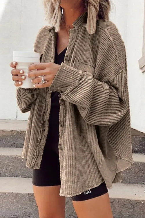 Lapel Button Down Waffle Corduroy Jacket with Pockets Gray