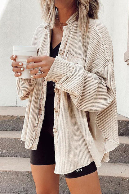 Lapel Button Down Waffle Corduroy Jacket with Pockets Apricot