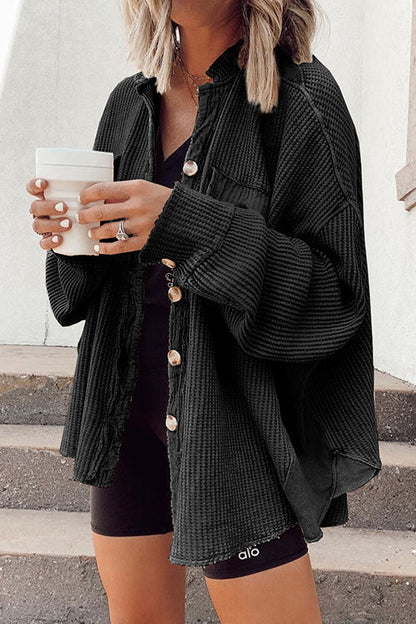 Lapel Button Down Waffle Corduroy Jacket with Pockets Black