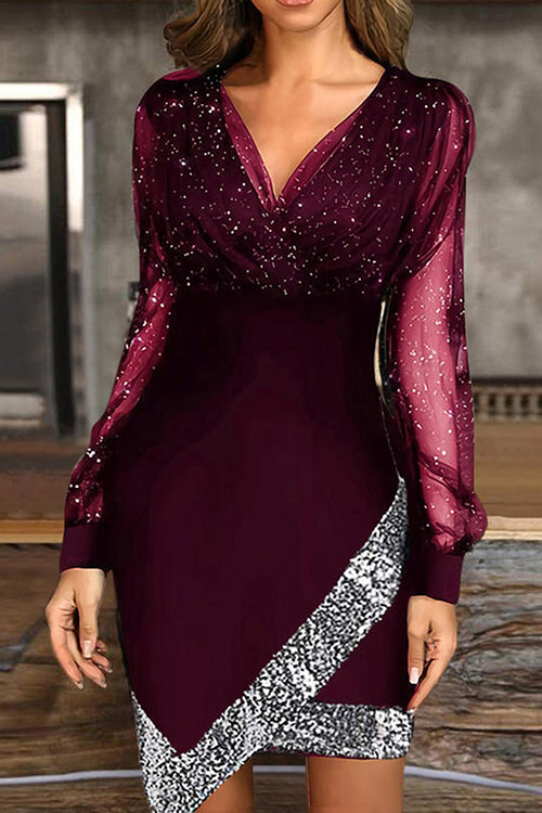 V Neck Mesh Splice High Waist Mini Dress Maroon