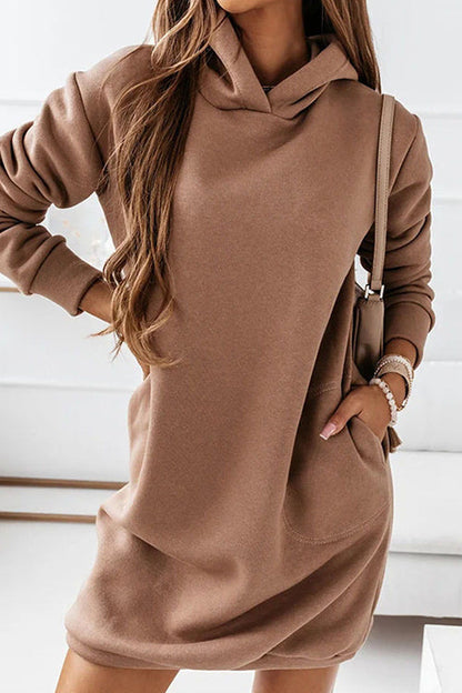 Solid Long Sleeve Pockets Hoodied Sweatshirt Dress Brown