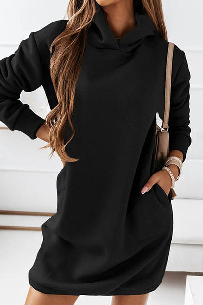Solid Long Sleeve Pockets Hoodied Sweatshirt Dress Black