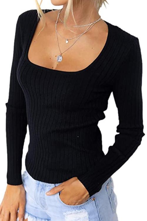 Rosiedress Square Collar Long Sleeve Bottoming Top Black