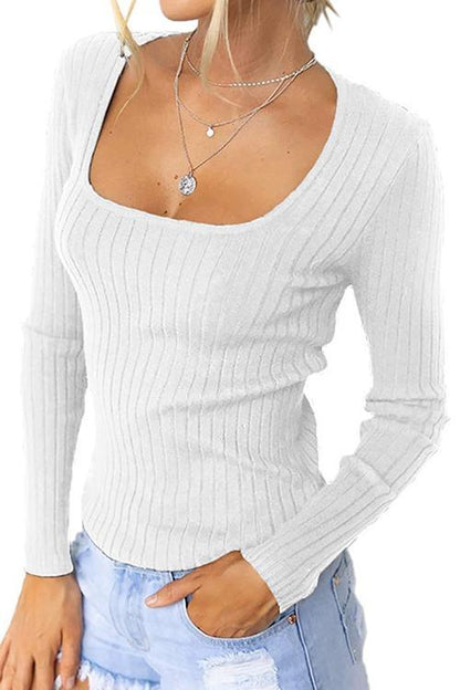 Square Collar Long Sleeve Bottoming Top White