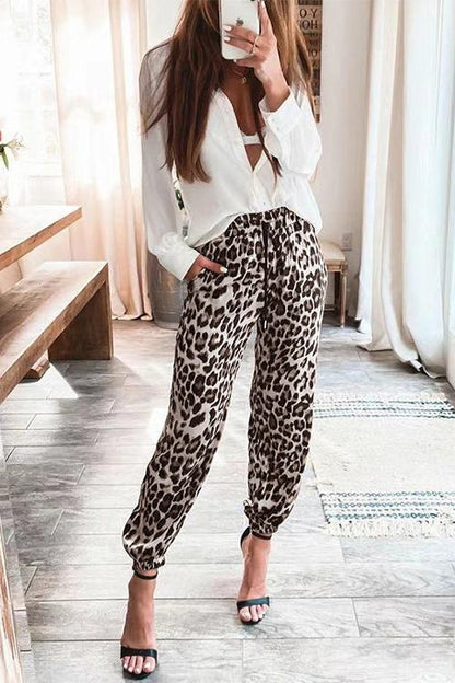 Drawstring Waist Pockets Leopard Jogger Beige