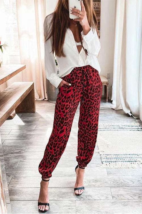 Drawstring Waist Pockets Leopard Jogger Red