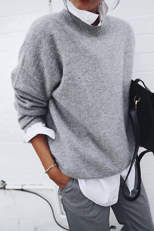 Rosiedress Lapel Fake Two Pieces Casual Sweater Gray