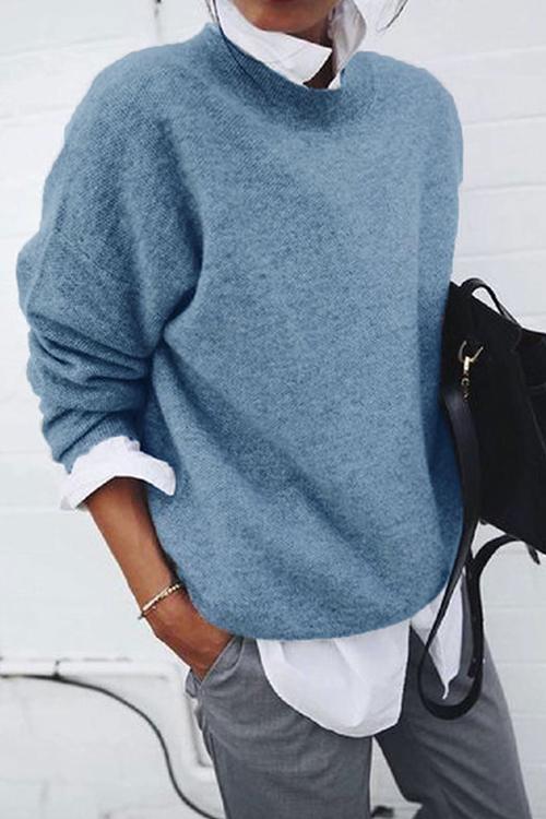 Lapel Fake Two Pieces Casual Sweater Blue
