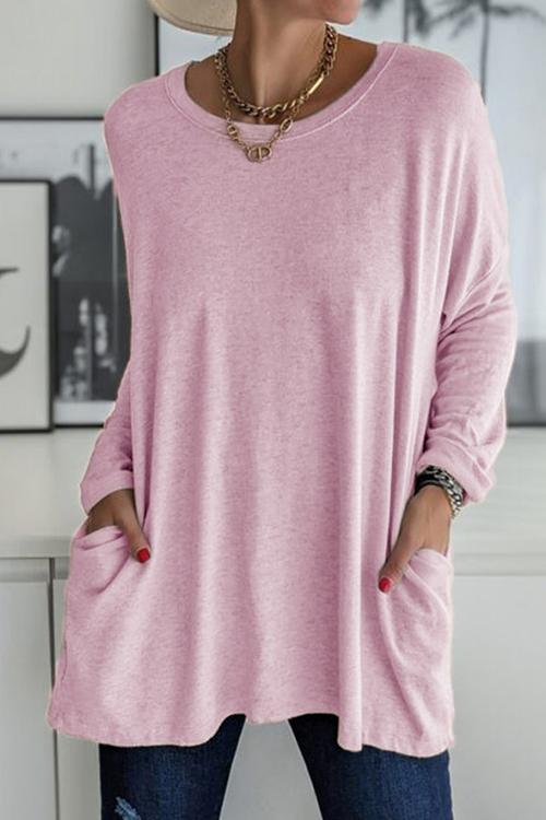 Rosiedress Long Sleeve Pockets Solid T-shirt Pink