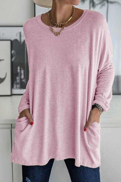 Long Sleeve Pockets Solid T-shirt Pink