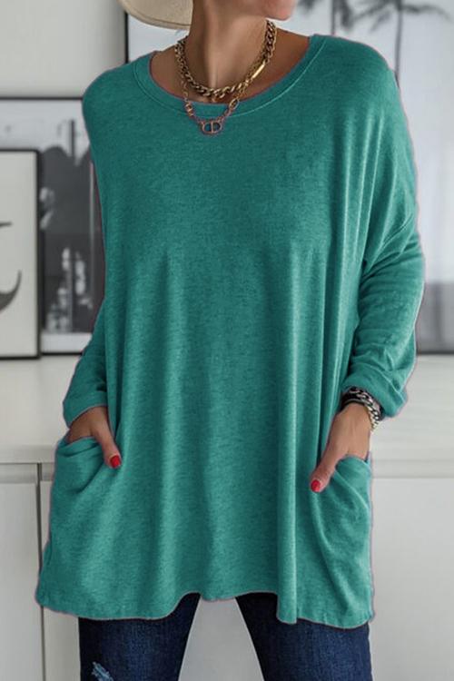 Rosiedress Long Sleeve Pockets Solid T-shirt PeacockBlue