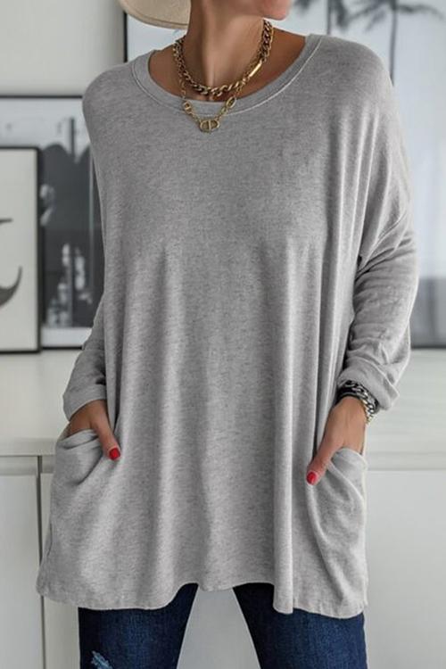 Rosiedress Long Sleeve Pockets Solid T-shirt Gray