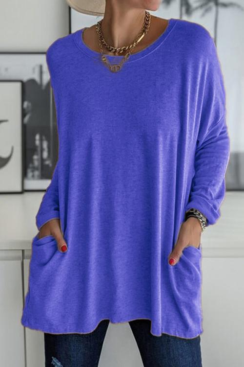 Rosiedress Long Sleeve Pockets Solid T-shirt Blue