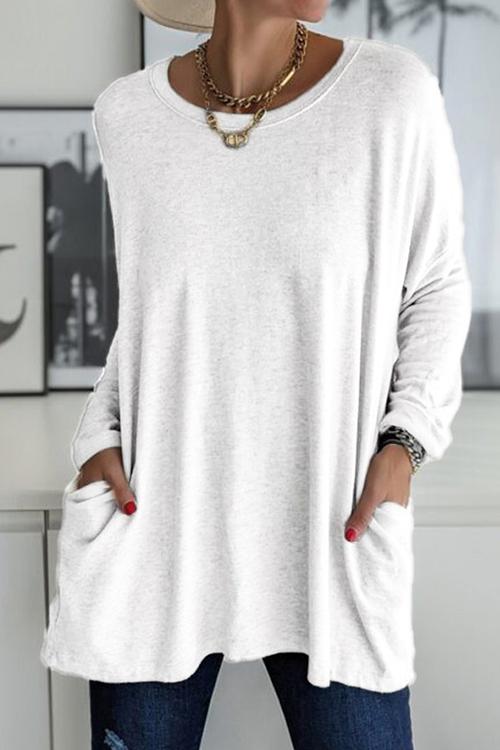 Rosiedress Long Sleeve Pockets Solid T-shirt White