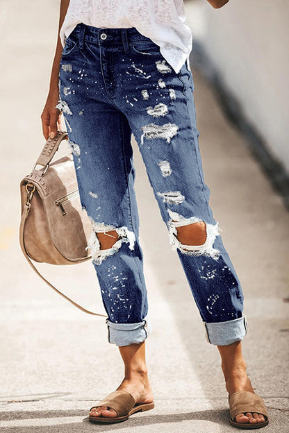 Rosiedress Distressed Rolled Hem Ripped Jeans DarkBlue