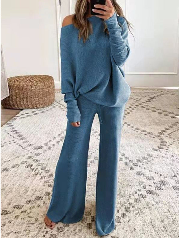 Cold Shoulder Pullover and Tie Waist Pants Solid Knit Set Blue