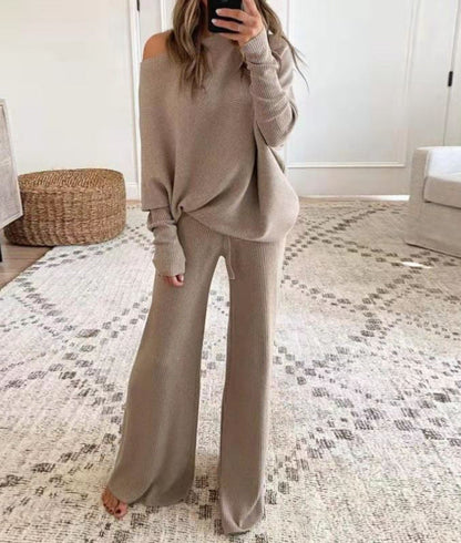 Cold Shoulder Pullover and Tie Waist Pants Solid Knit Set Khaki