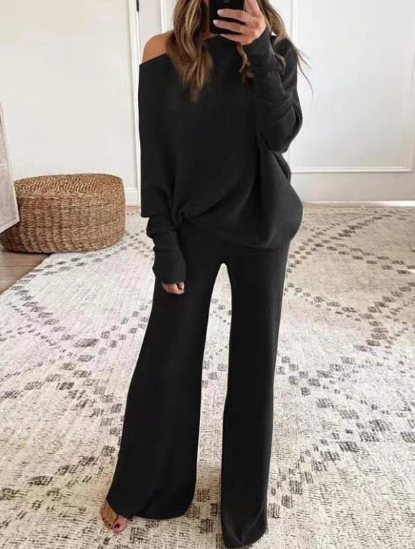 Cold Shoulder Pullover and Tie Waist Pants Solid Knit Set Black