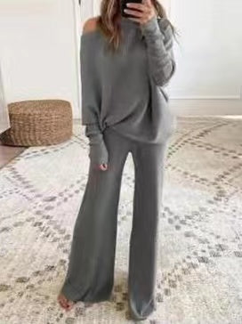 Cold Shoulder Pullover and Tie Waist Pants Solid Knit Set Gray