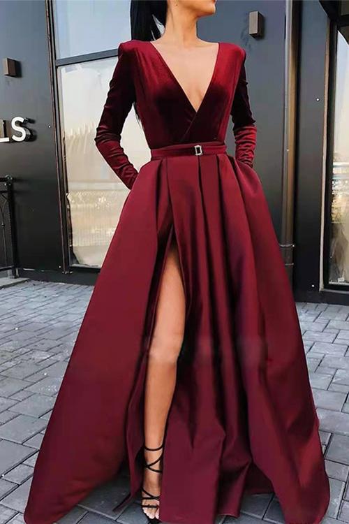 Rosiedress Deep V Neck High Split Velvet Swing Party Dress Burgundy