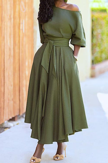 Half Sleeve Tie Waist Midi Pleated Dress Green